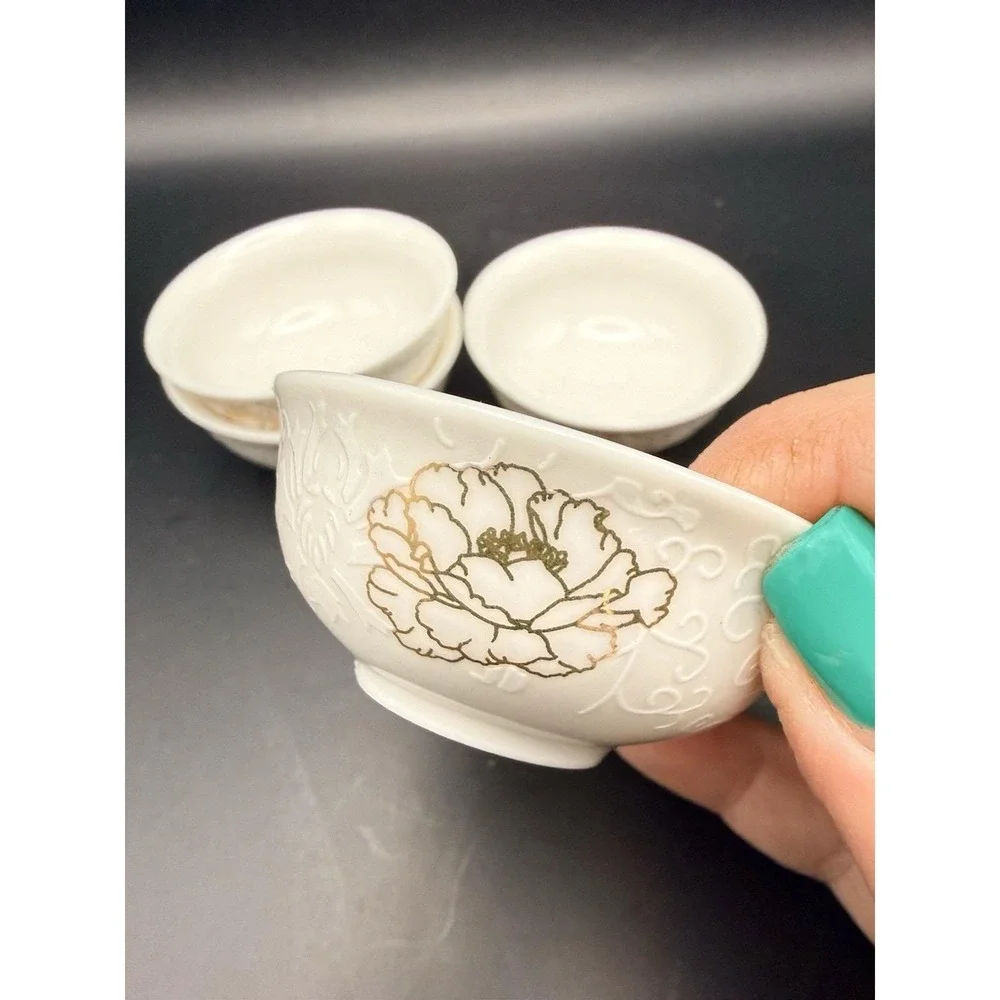 Vintage Japanese Porcelain Bowls Set 4 Gold Floral Butter Condiment Dishes